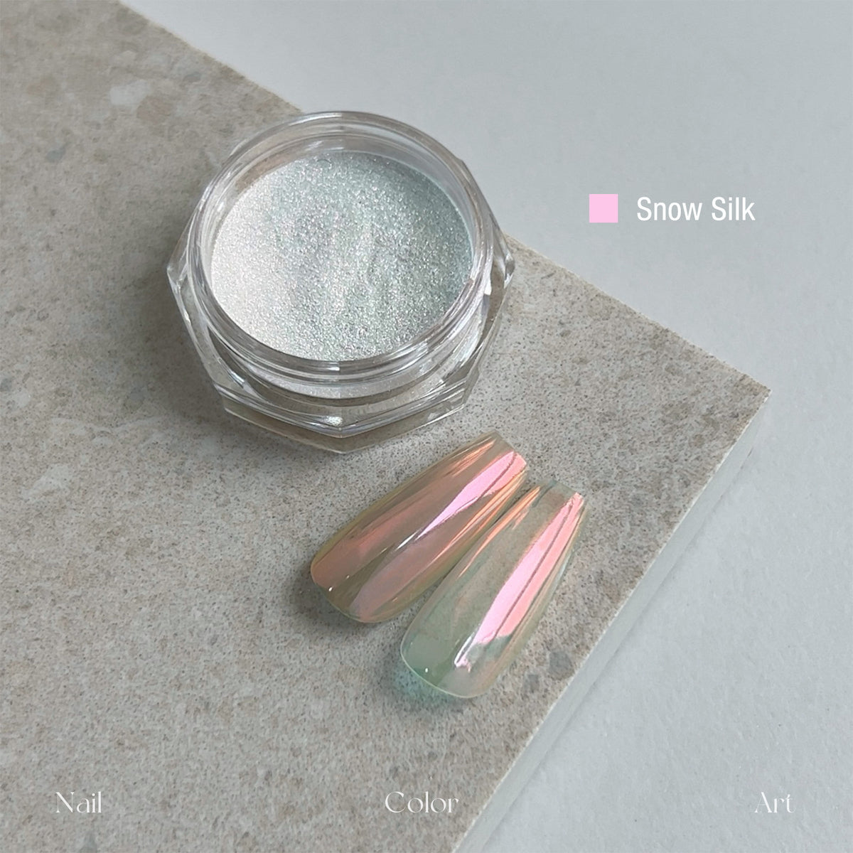 YHH Moonlight Silk Chrome Powder Snow Silk, ultra fine silk chrome nail pigment jar with nail swatch, pink iridescent pearl shimmer for gel nail art manicure
