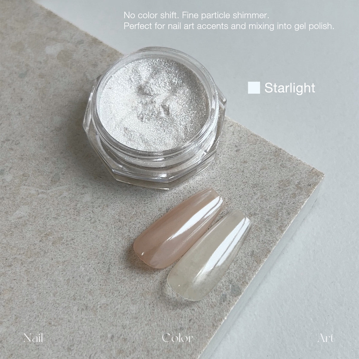 YHH Moonlight Silk Chrome Powder Starlight, non color shift fine silk nail chrome powder jar, subtle fine shimmer pearl swatch for gel nail art manicure