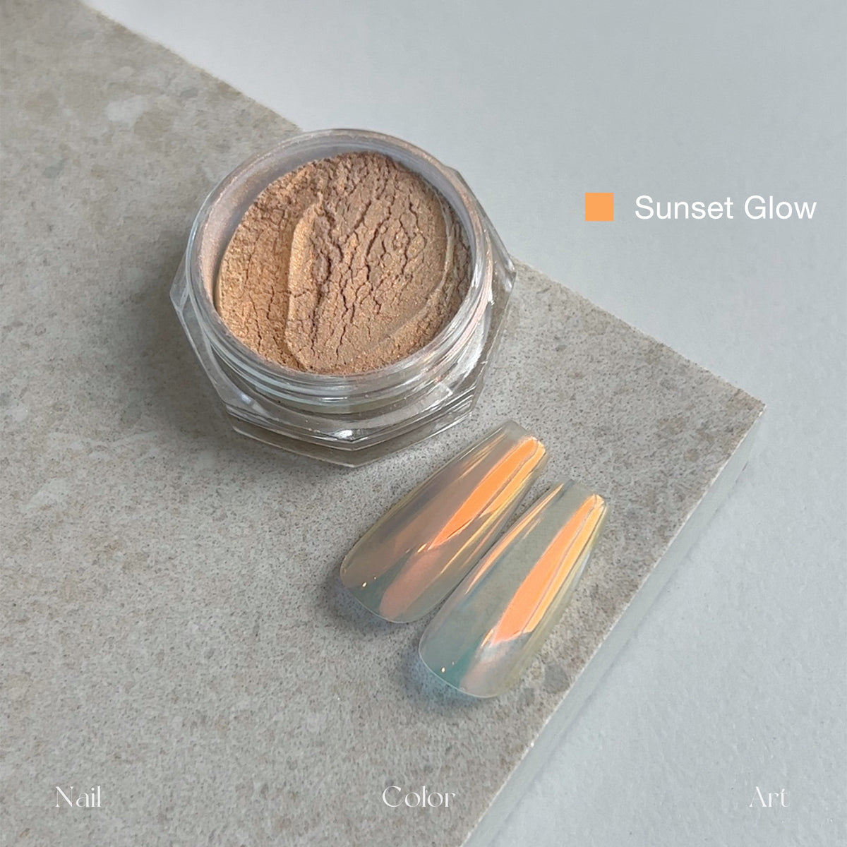 YHH Moonlight Silk Chrome Powder Sunset Glow, warm sunset iridescent silk chrome nail powder jar, orange gold aurora swatch for gel nail art