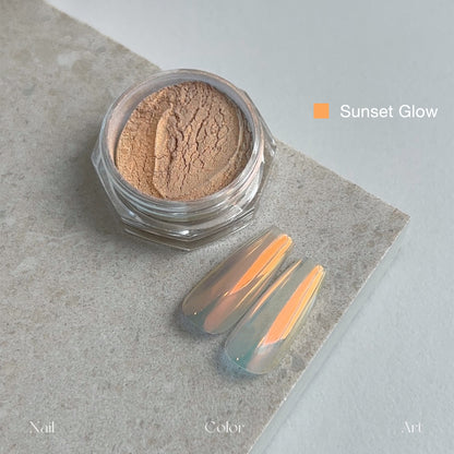 YHH Moonlight Silk Chrome Powder Sunset Glow, warm sunset iridescent silk chrome nail powder jar, orange gold aurora swatch for gel nail art