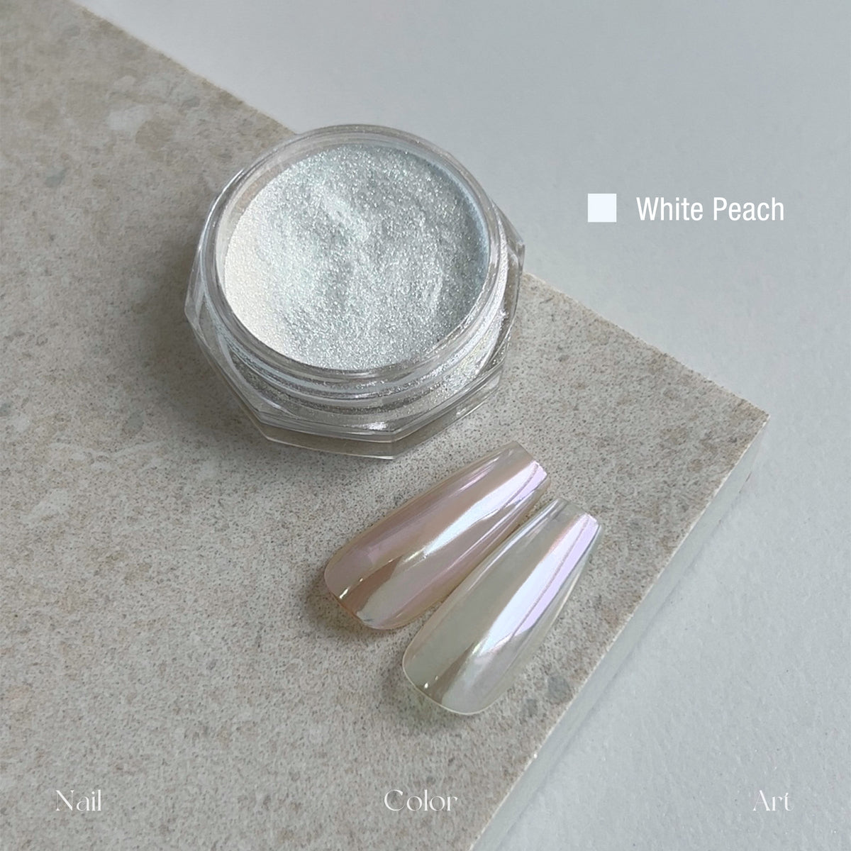 YHH Moonlight Silk Chrome Powder White Peach, soft peach iridescent silk chrome nail powder jar, warm pink aurora pearl swatch for gel nail art
