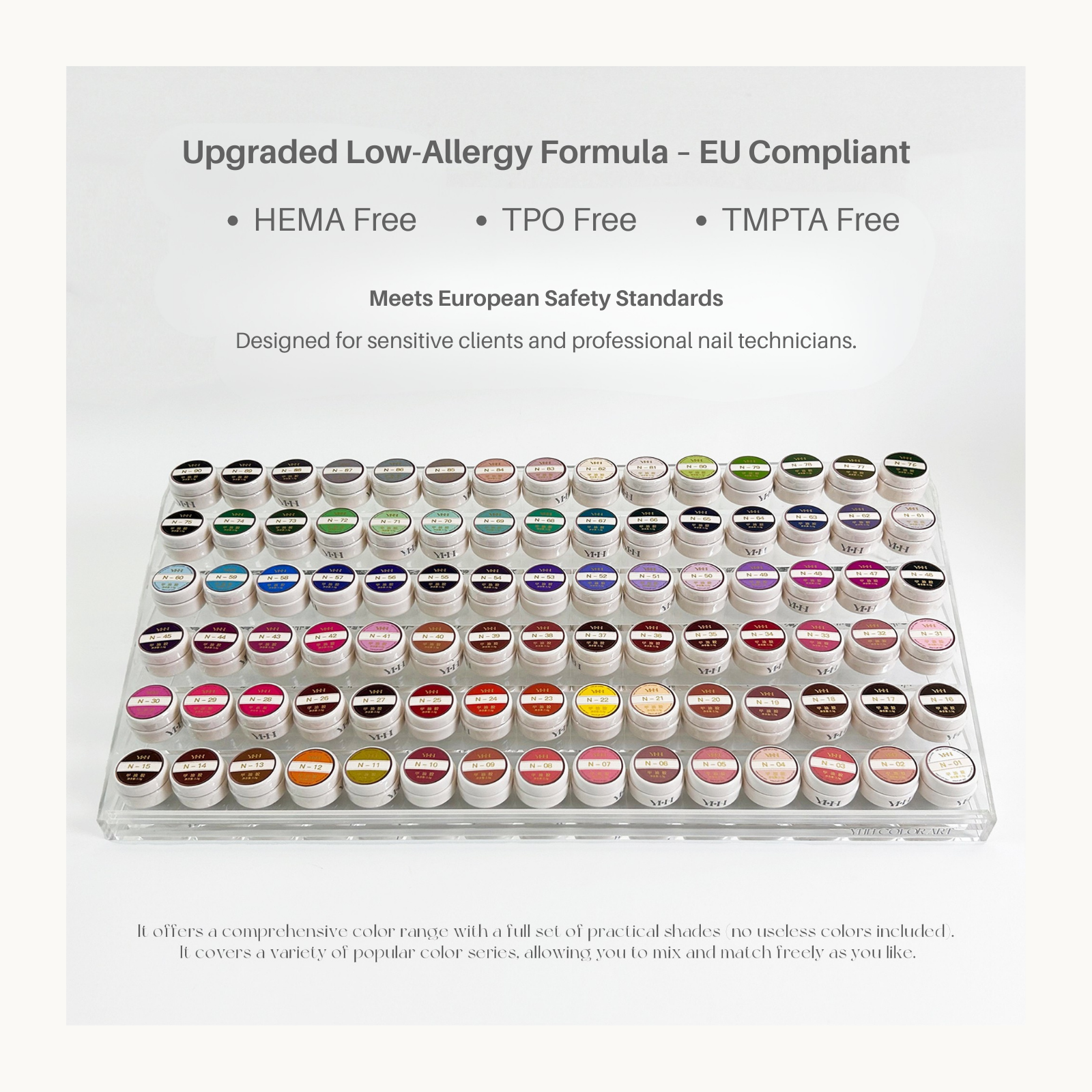 YHH N Series 90 shade color chart including Rose Garden, Blue Chronicle, Silent Forest and other professional nail gel collections.
