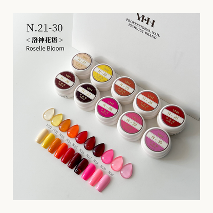 YHH N Series N21-30 Roselle Bloom professional nail color gel collection featuring 10 salon-grade pot gels in nude, yellow, orange, red and pink shades.