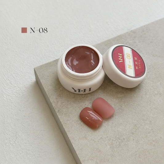 Warm rose brown nail color gel pot with glossy and matte swatches