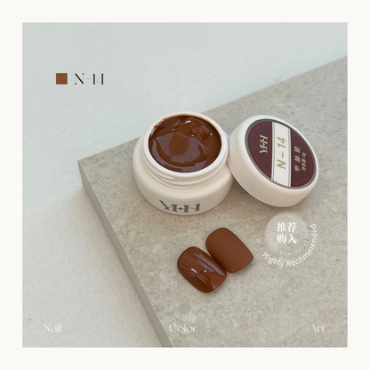 YHH N14 warm chocolate brown professional pot color gel, salon-grade nail art gel with high coverage and smooth texture, HEMA-free and EU compliant for Canadian nail salons.