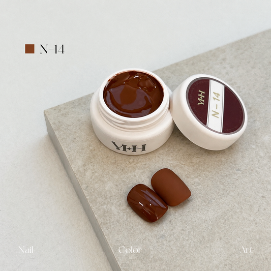 Warm chocolate brown nail color gel pot with glossy and matte swatches