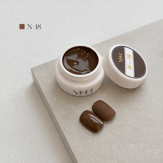 Dark chocolate brown nail color gel pot with glossy and matte swatches