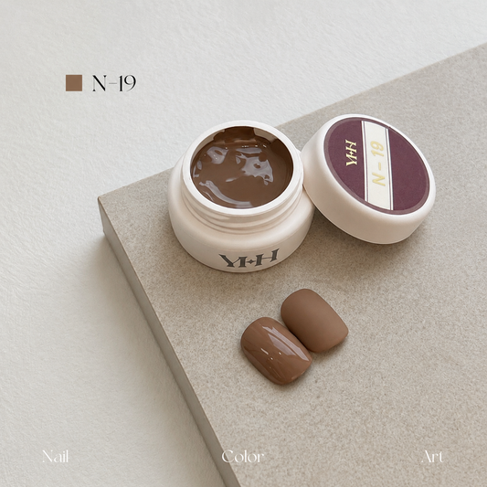 Neutral taupe brown nail color gel pot with glossy and matte swatches