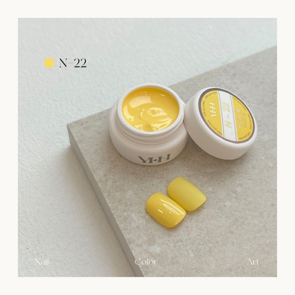 YHH N22 pastel yellow nail color gel, highly pigmented professional pot gel polish for salon use.