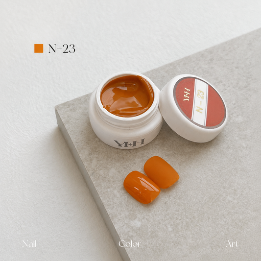 Amber orange brown nail color gel pot with glossy and matte swatches