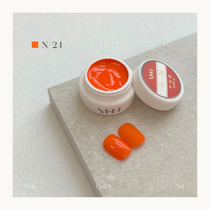 YHH N24 neon orange nail color gel in pot, vibrant high-coverage salon gel polish.