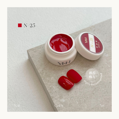 YHH N25 classic red nail color gel, high-pigment salon-quality pot gel polish for professional nail art.