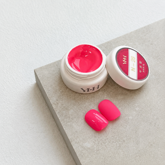 Vivid hot pink nail color gel pot with glossy and matte swatches