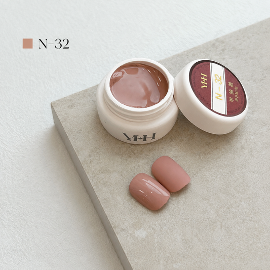 Warm nude mauve beige nail color gel pot with glossy and matte swatches