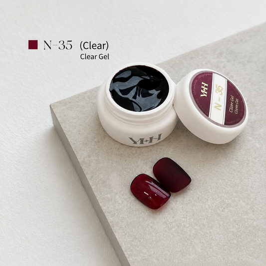 Sheer deep red gel nail color jar with two burgundy swatches