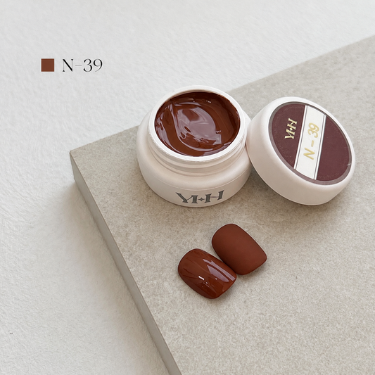 Chocolate brown gel nail color jar with two brown swatches