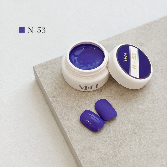 Royal violet-blue gel nail color jar with two violet-blue swatches