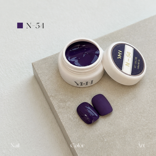 Deep plum-purple gel nail color jar with two purple swatches