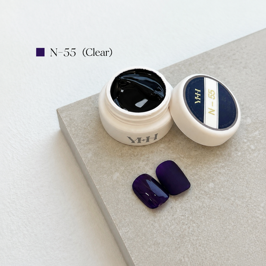 Sheer deep-violet gel nail color jar with two purple swatches