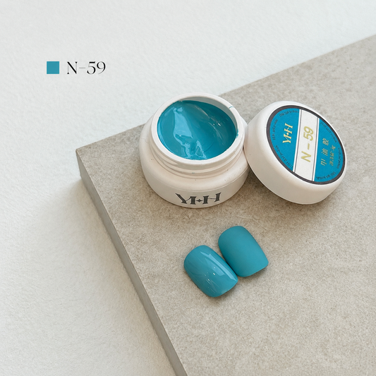 Teal-blue gel nail color jar with two teal swatches