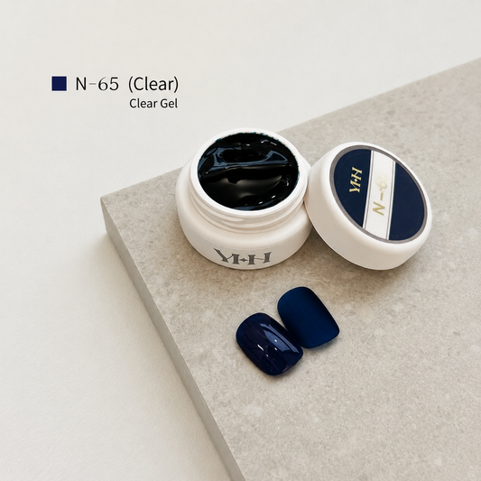Sheer midnight-blue gel nail color jar with two navy swatches