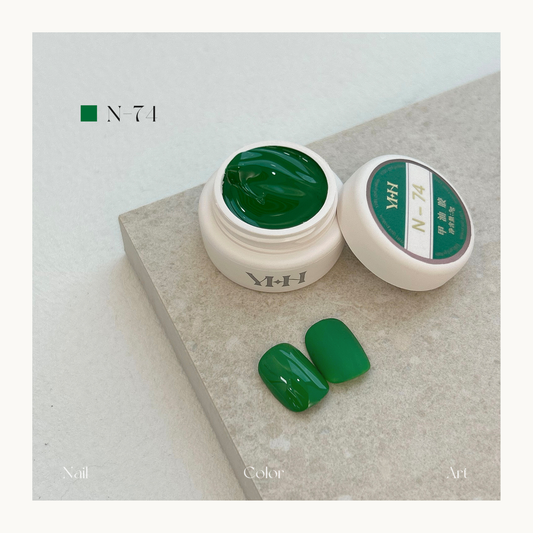 YHH N74 emerald green gel color pot with glossy and solid swatches