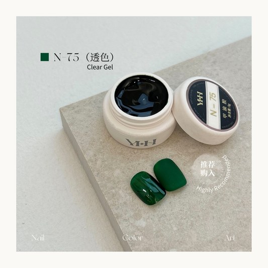YHH N75 sheer dark green gel color pot with glossy and solid swatches