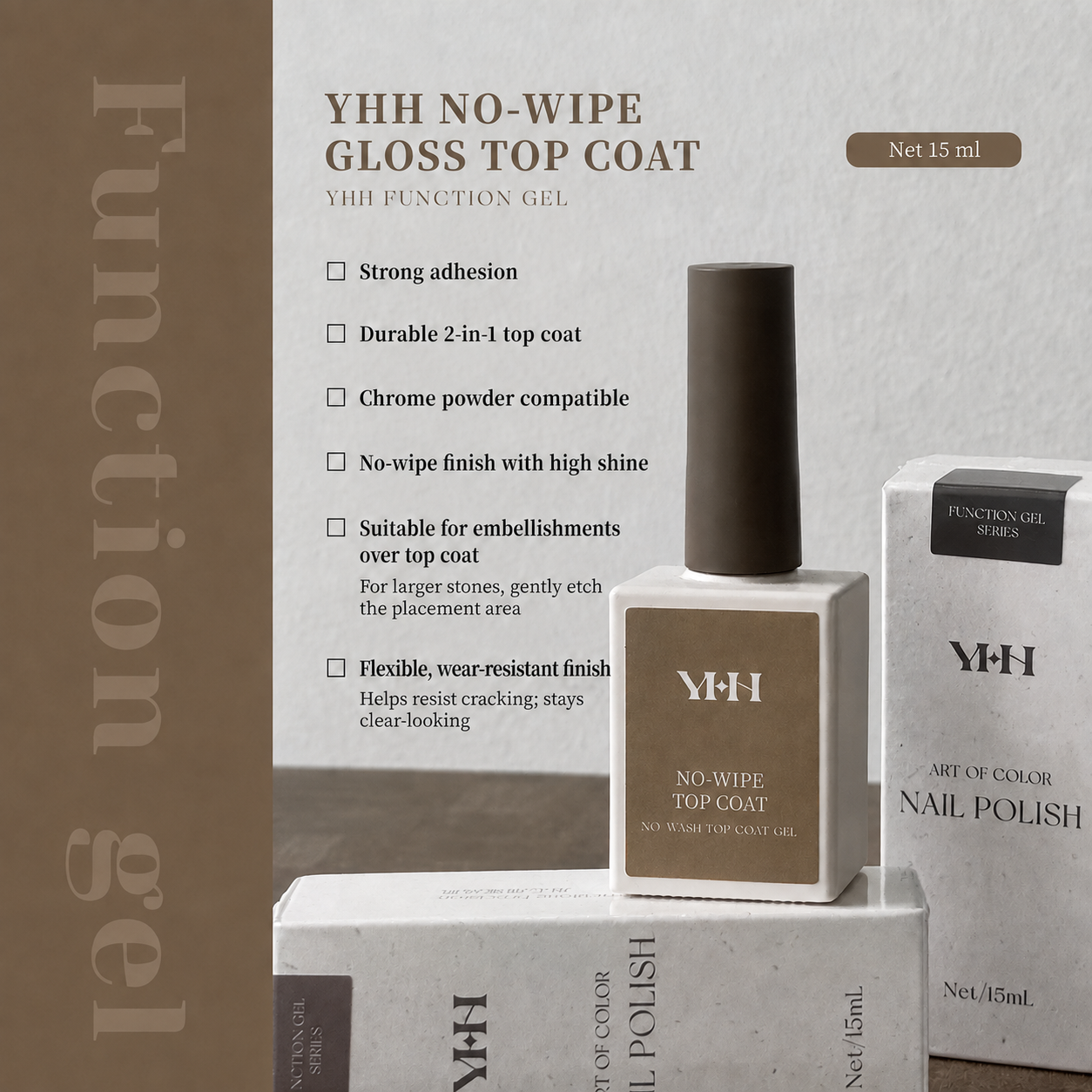 YHH No-Wipe Gloss Top Coat, 15 ml, with bottle and carton and English feature details