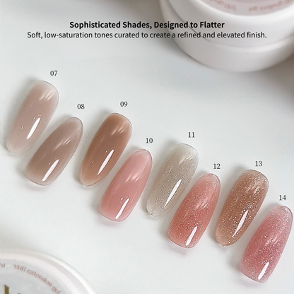 Nail swatches showing YHH tinted nude builder gel colors with soft natural coverage and refined finish