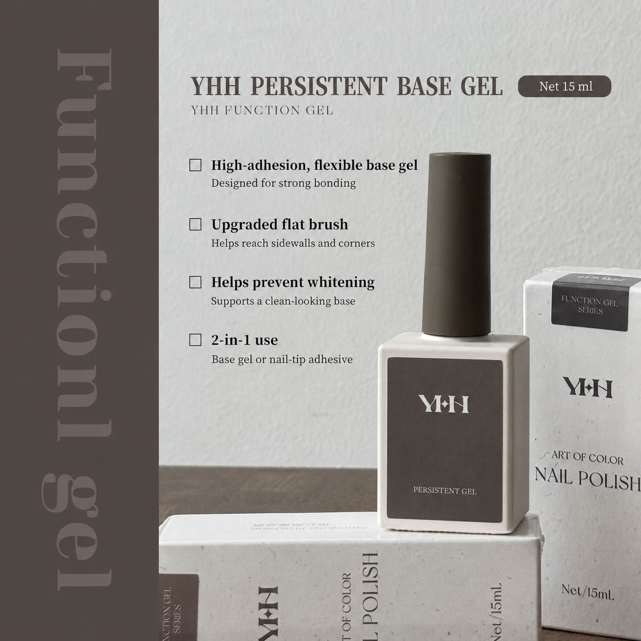 YHH Persistent Base Gel 15 ml with bottle and carton, showing key features