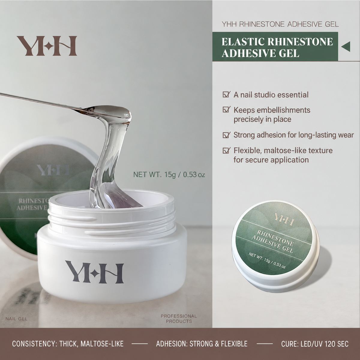 YHH rhinestone adhesive gel in a 15g jar with thick flexible clear texture for securing nail charms and crystals.
