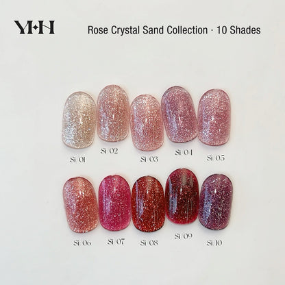 YHH Rose Crystal Sand 10 shades sheer reflective glitter jar gel polish swatch for professional nail techs