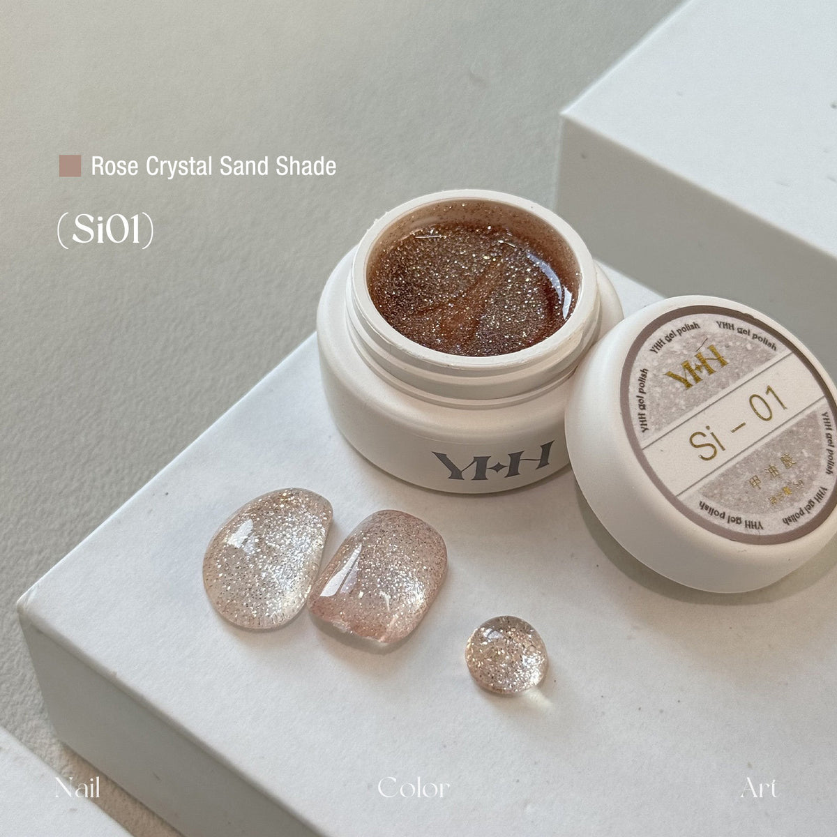 YHH Rose Crystal Sand Si01 reflective crushed diamond jar gel polish with nail swatch sample
