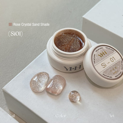 YHH Rose Crystal Sand Si01 reflective crushed diamond jar gel polish with nail swatch sample