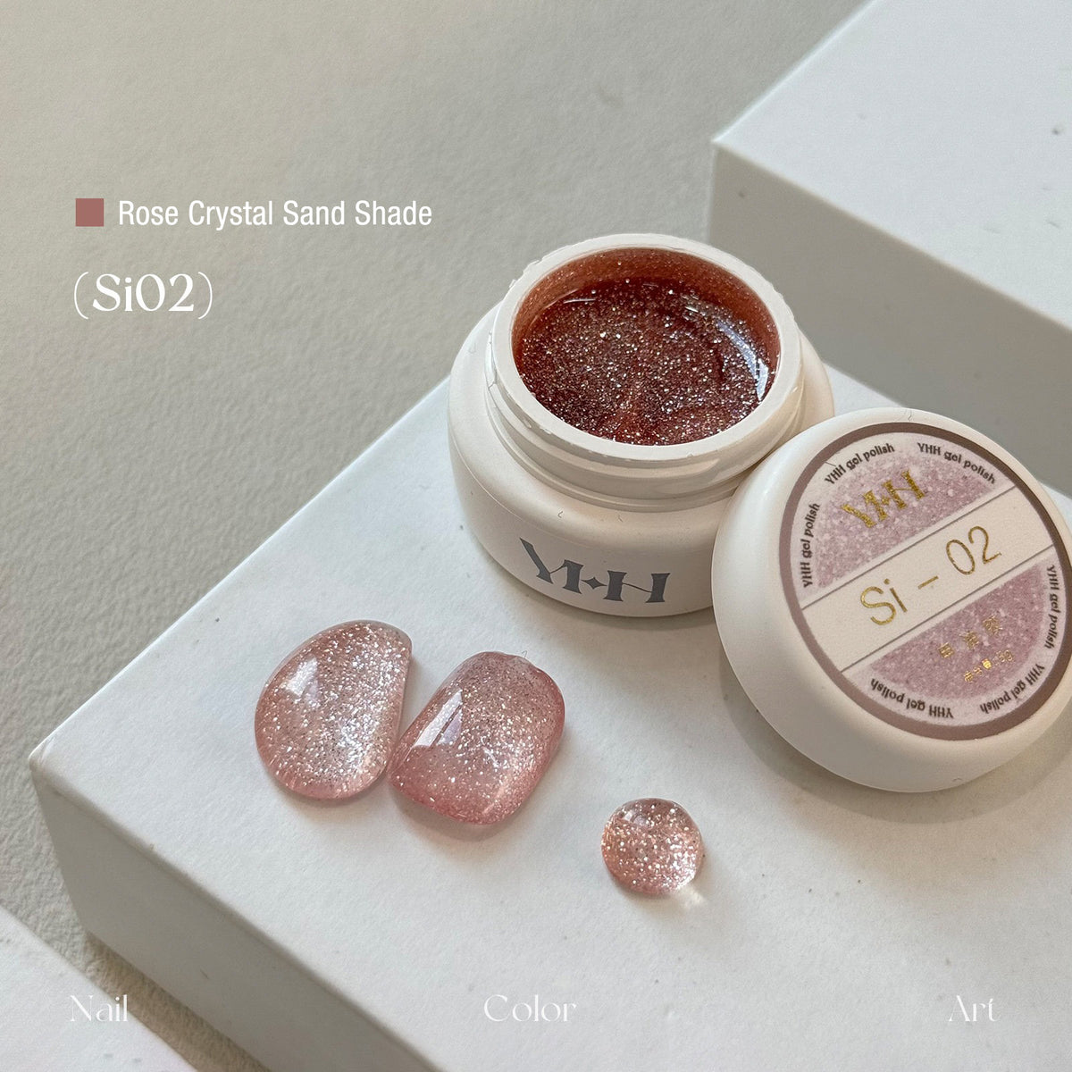 YHH Rose Crystal Sand Si02 sheer reflective glitter jar gel polish pot and nail color sample