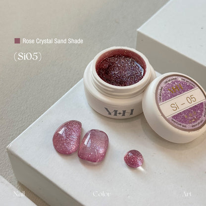 YHH Rose Crystal Sand Si05 pink reflective crushed diamond gel polish jar with nail swatch