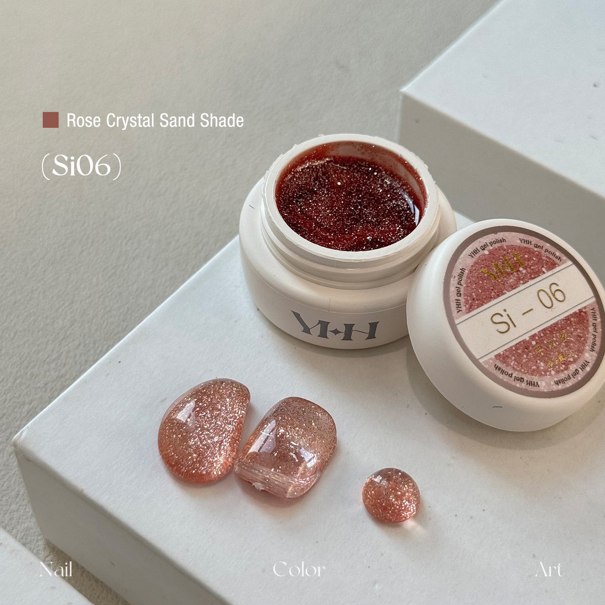 YHH Rose Crystal Sand Si06 bright hot pink reflective crushed diamond jar gel polish with nail color sample