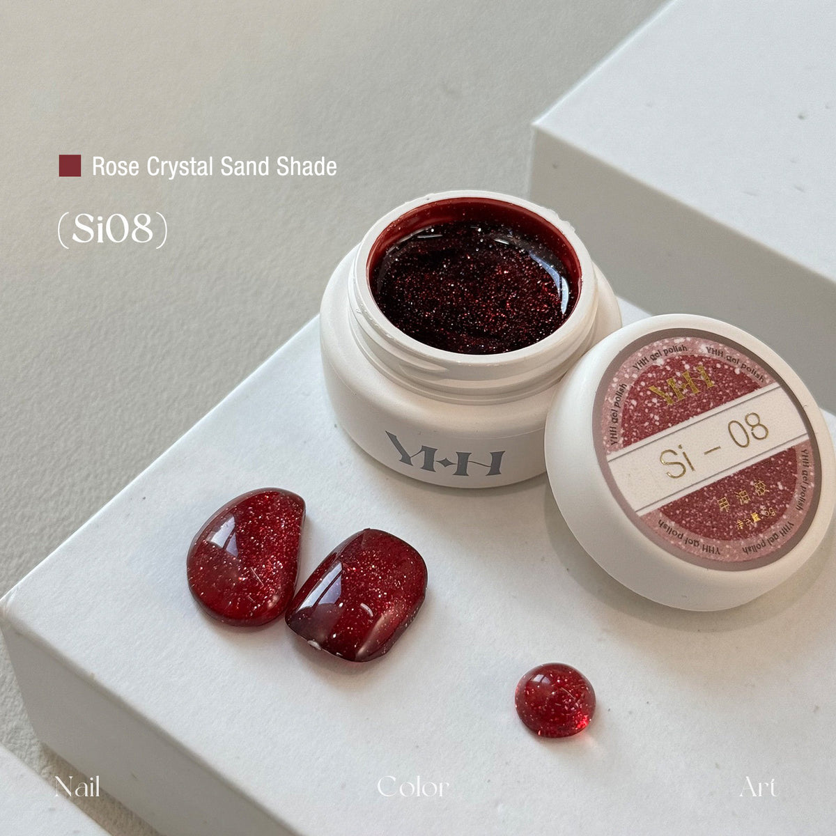 YHH Rose Crystal Sand Si08 rich wine red reflective crushed diamond jar gel polish nail swatch