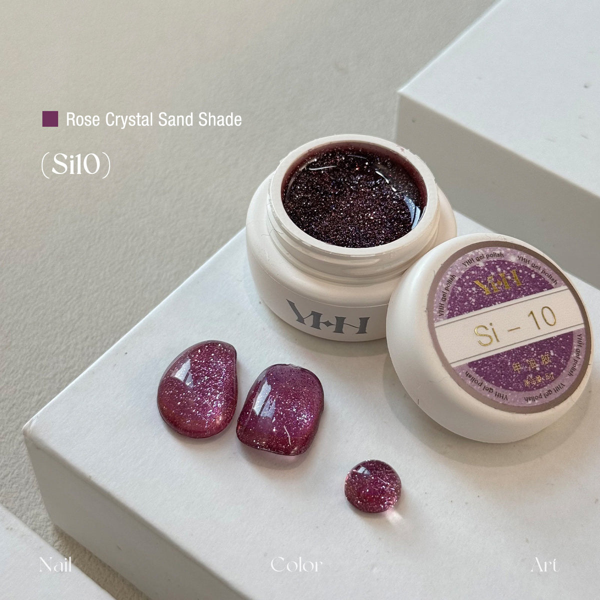 YHH Rose Crystal Sand Si10 dusty plum purple reflective crushed diamond jar gel polish nail sample