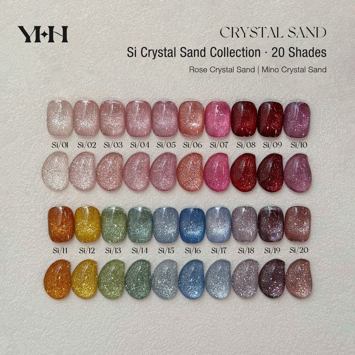 YHH Rose & Mino Crystal Sand 20 shades reflective crushed diamond jar gel polish full color swatch chart for nail salon