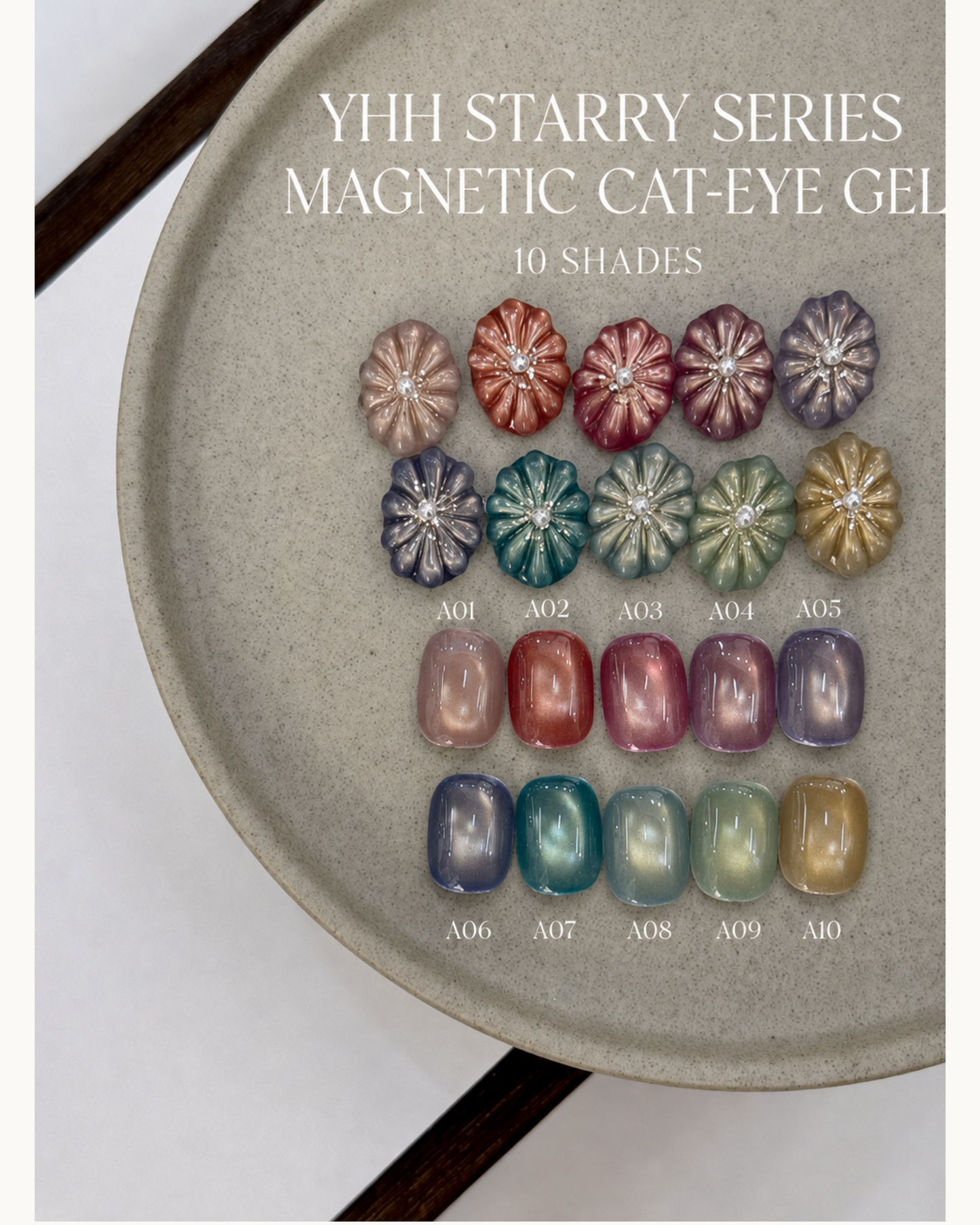 YHH Starry Series A01–A10 magnetic cat-eye gel swatches with glossy, matte and French nail art finishes