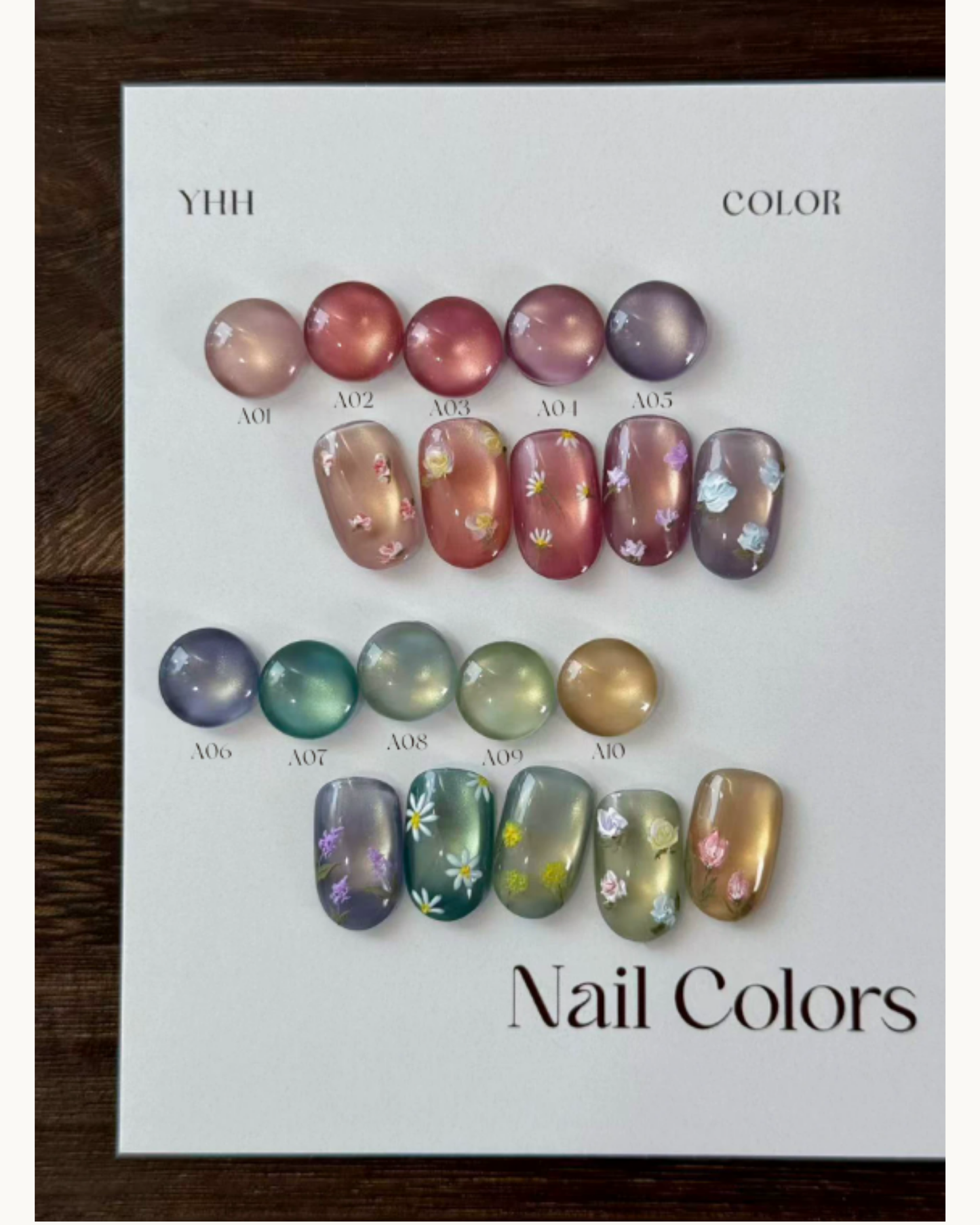 YHH Starry Series A01–A10 magnetic cat-eye gel pots with matching color samples and swatch chart