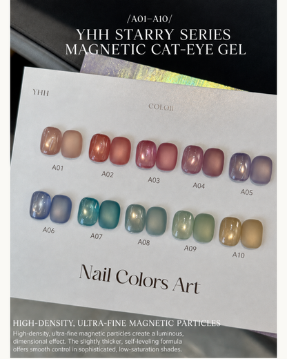 YHH Starry Series magnetic cat-eye gel colors A01–A10 shown with delicate floral nail art designs