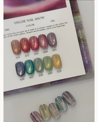 YHH Starry Series magnetic cat-eye gel chart showing A01–A10 in glossy and matte finishes