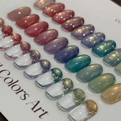 YHH Starry Series magnetic cat-eye gel in 10 shades displayed as dimensional flowers and nail swatches