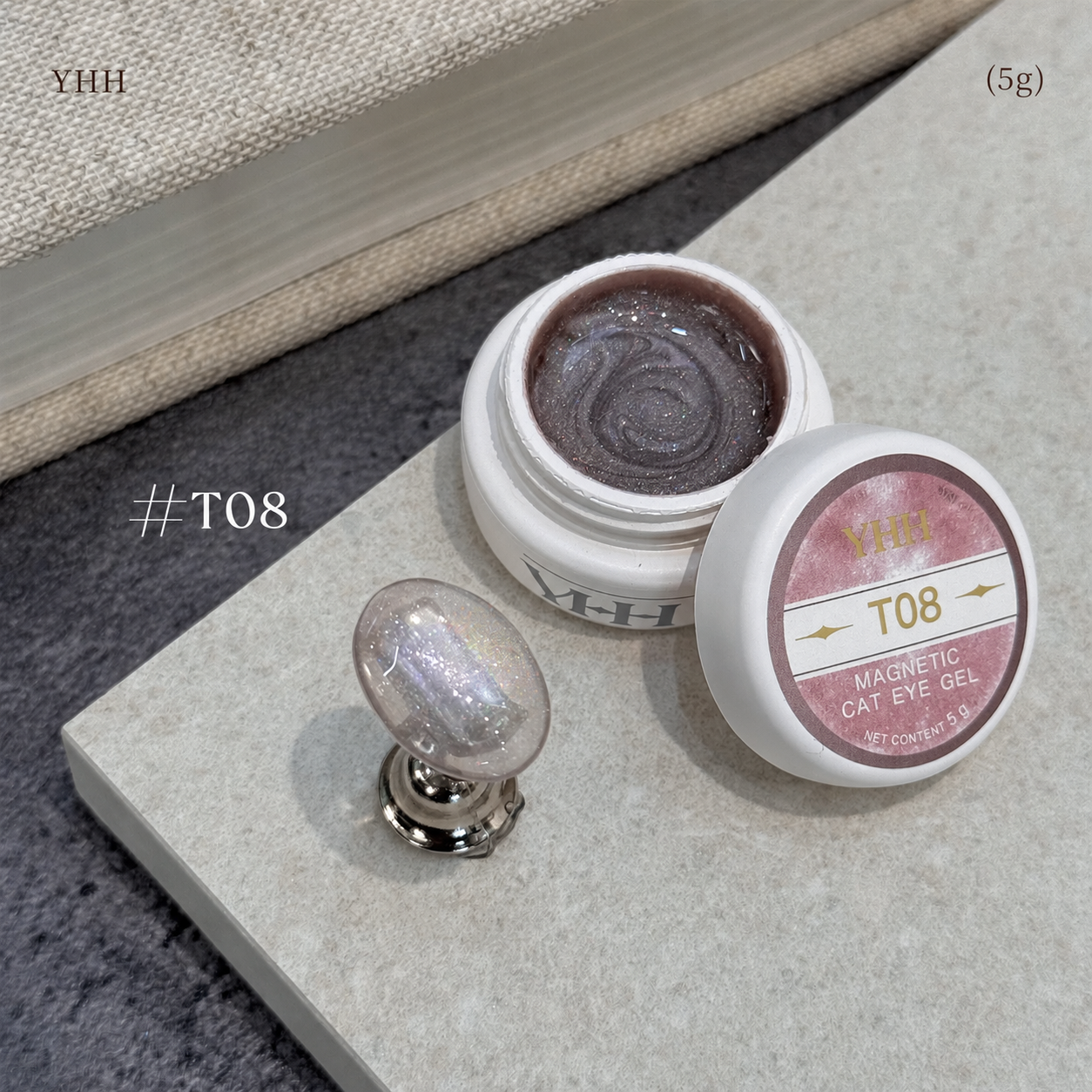 YHH T Series Magnetic Cat Eye Gel T08, 5 g pot with magnetic cat eye nail swatch