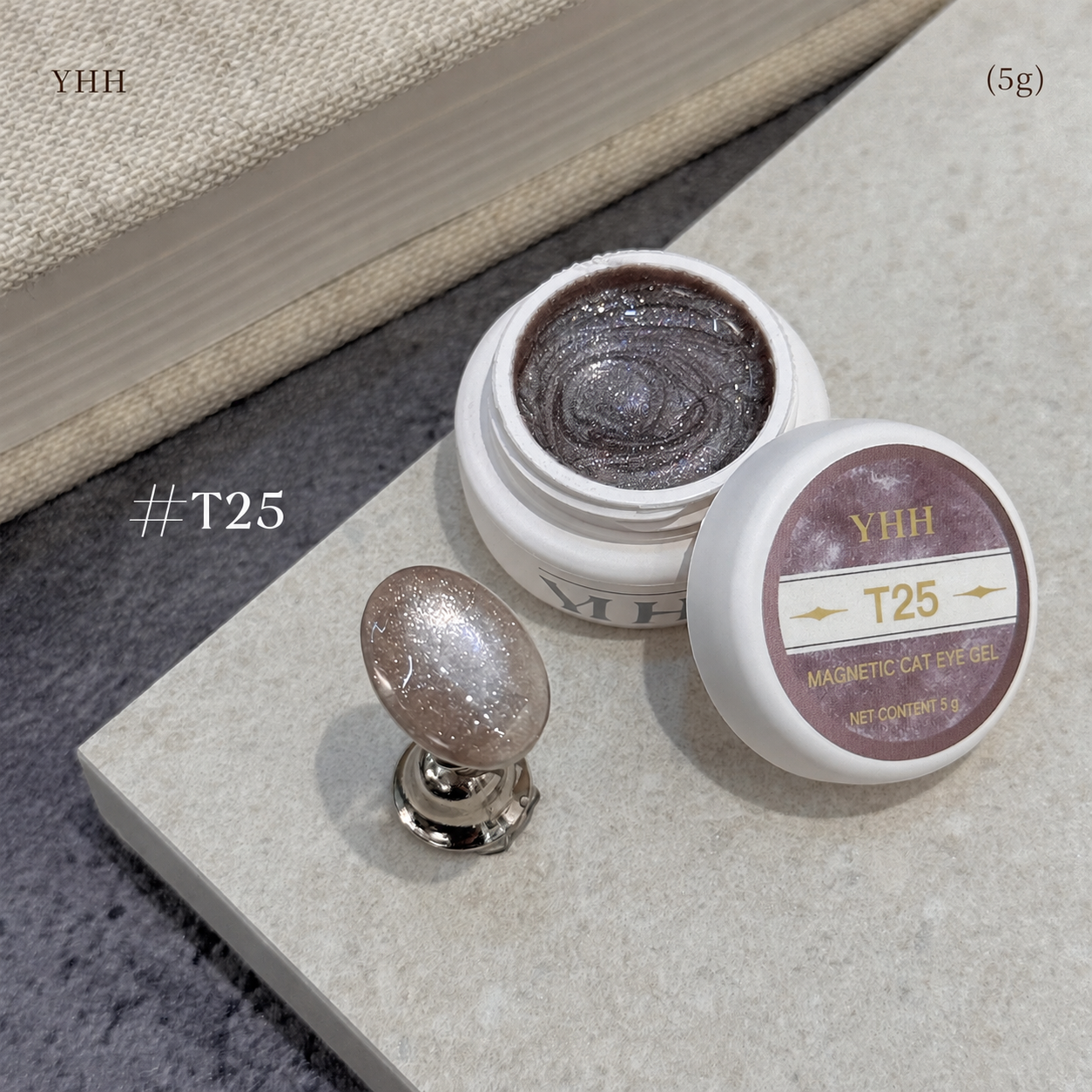 YHH T Series Magnetic Cat Eye Gel T25, 5 g pot with magnetic cat eye nail swatch