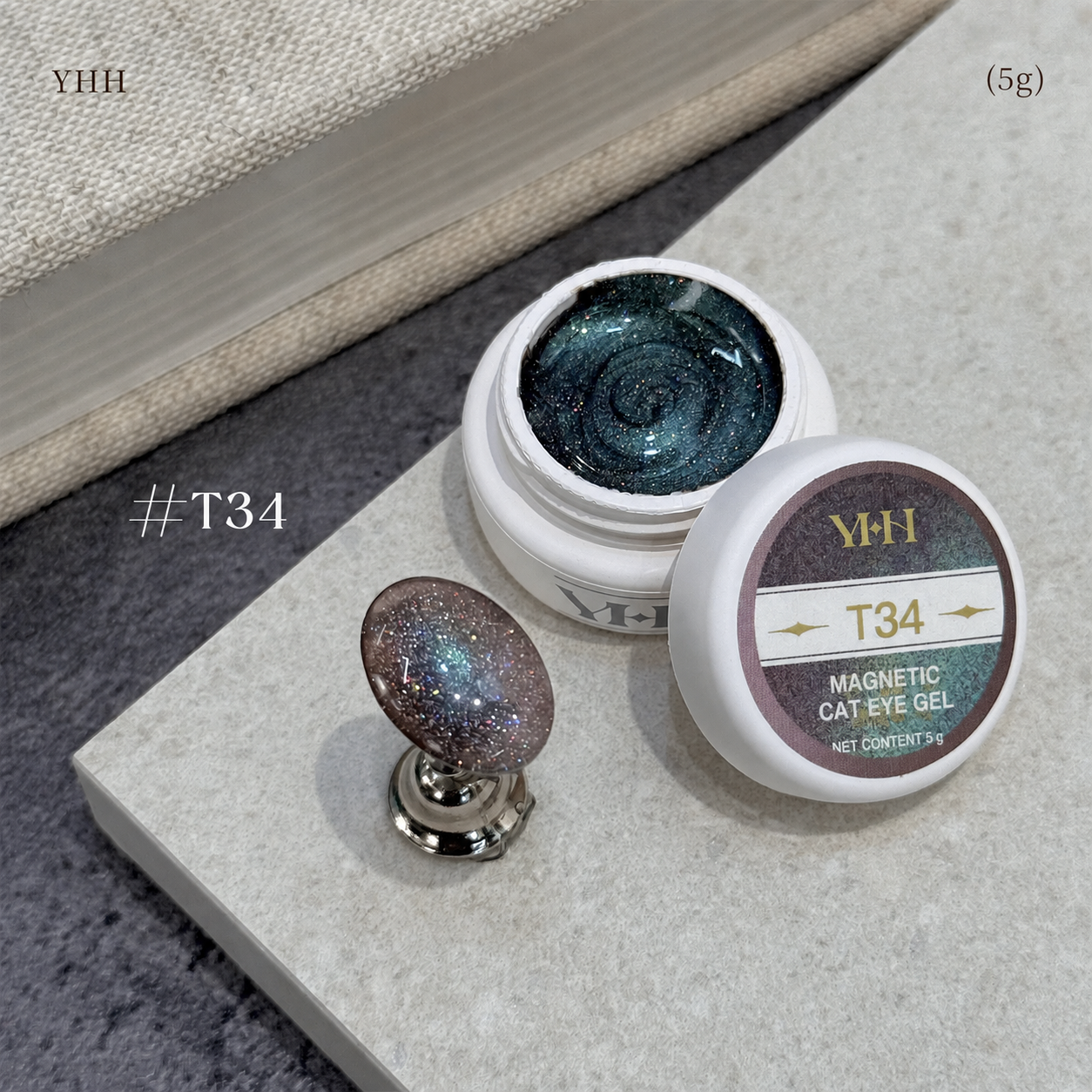 YHH T Series Magnetic Cat Eye Gel T34, 5 g pot with magnetic cat eye nail swatch