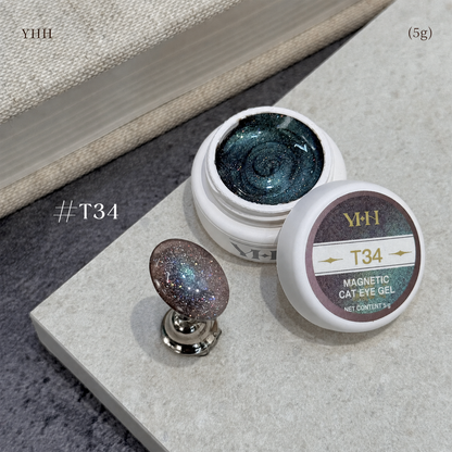 YHH T Series Magnetic Cat Eye Gel T34, 5 g pot with magnetic cat eye nail swatch