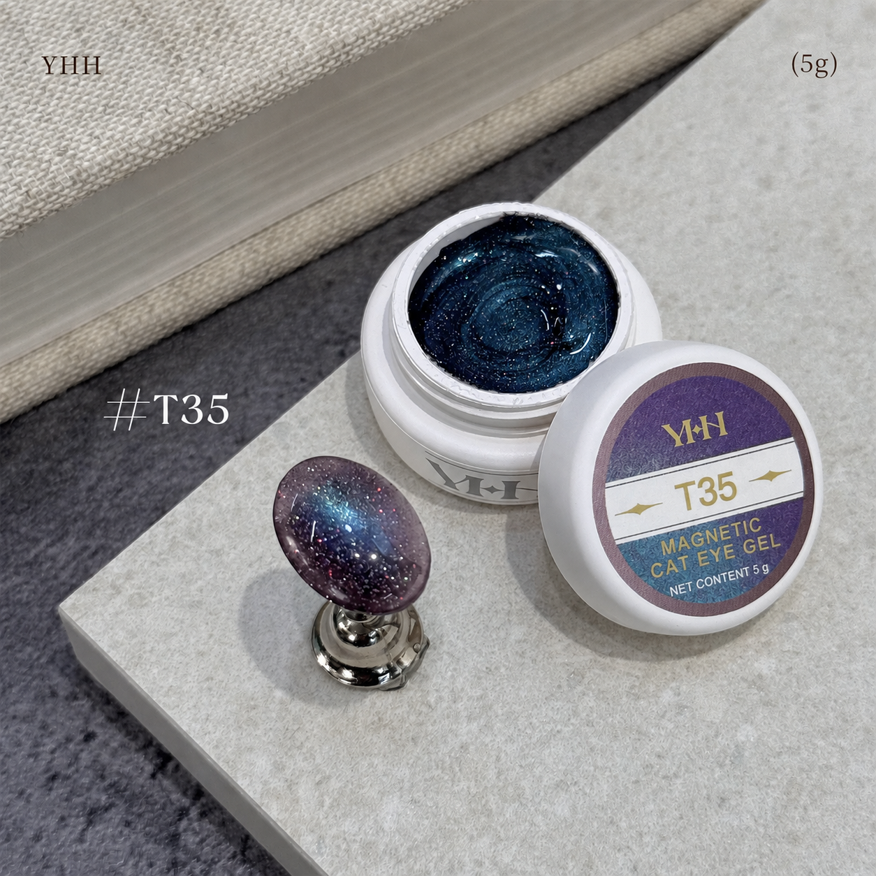 YHH T Series Magnetic Cat Eye Gel T35, 5 g pot with magnetic cat eye nail swatch
